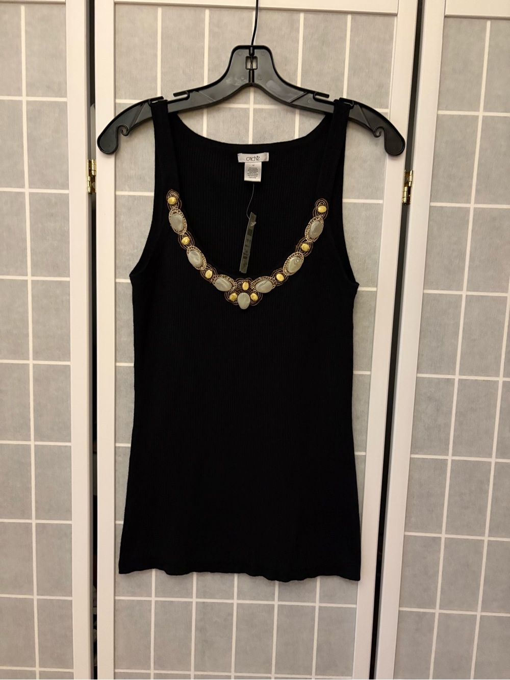 Cache Black Ribbed Tank with Gold and Cream Beaded Neckline